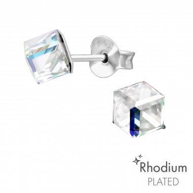 Cube - 925 Sterling Silver Stud Earrings with Crystals SD41057