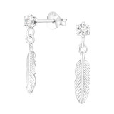Hanging Feather - 925 Sterling Silver Stud Earrings with Crystals SD41596