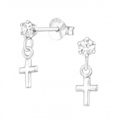 Hanging Cross - 925 Sterling Silver Stud Earrings with Crystals SD41597