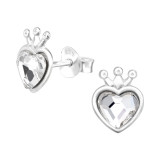 Heart Crown - 925 Sterling Silver Stud Earrings with Crystals SD42027