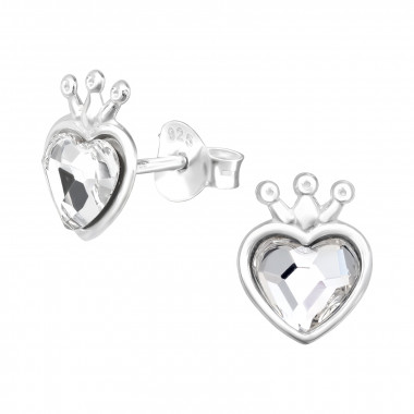 Heart Crown - 925 Sterling Silver Stud Earrings with Crystals SD42027