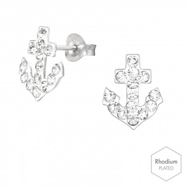 Anchor - 925 Sterling Silver Stud Earrings with Crystals SD42197