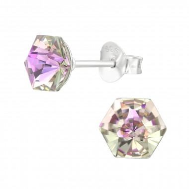 Hexagon 6mm - 925 Sterling Silver Stud Earrings with Crystals SD42942