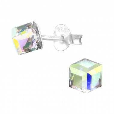 Cube 4mm - 925 Sterling Silver Stud Earrings with Crystals SD42943