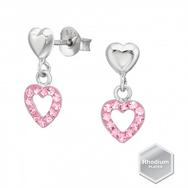 Hanging Heart - 925 Sterling Silver Stud Earrings with Crystals SD43087