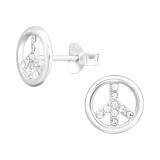 Peace Symbol - 925 Sterling Silver Stud Earrings with Crystals SD43961