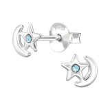 Moon And Star - 925 Sterling Silver Stud Earrings with Crystals SD44647