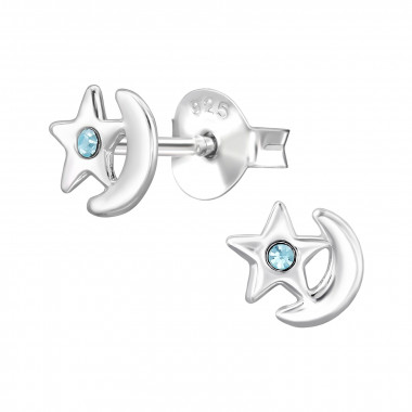 Moon And Star - 925 Sterling Silver Stud Earrings with Crystals SD44647