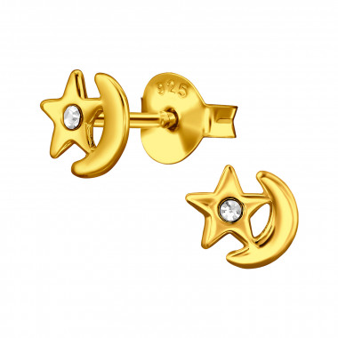 Moon And Star - 925 Sterling Silver Stud Earrings with Crystals SD44648