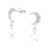 Moon And Star - 925 Sterling Silver Stud Earrings with Crystals SD44707
