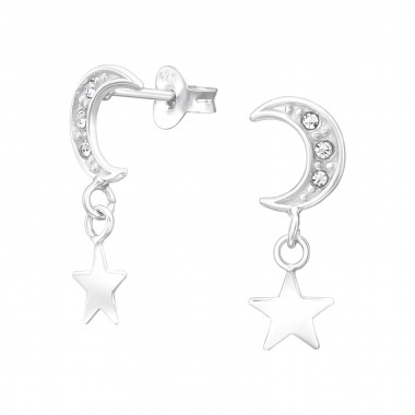 Moon And Star - 925 Sterling Silver Stud Earrings with Crystals SD44707