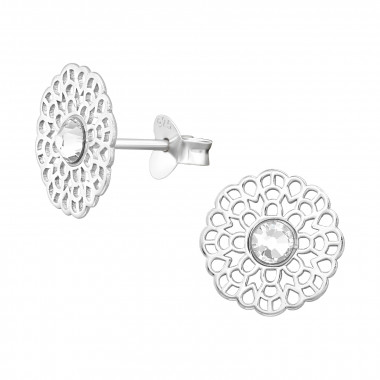 Laser Cut Filigree - 925 Sterling Silver Stud Earrings with Crystals SD45011