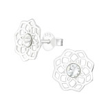 Laser Cut Flower Filigree - 925 Sterling Silver Stud Earrings with Crystals SD45696