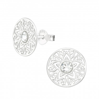 Laser Cut Flower Filigree - 925 Sterling Silver Stud Earrings with Crystals SD45697