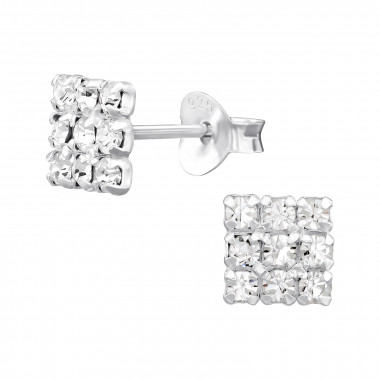 Square - 925 Sterling Silver Stud Earrings with Crystals SD46846