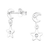 Moon And Star - 925 Sterling Silver Stud Earrings with Crystals SD46880