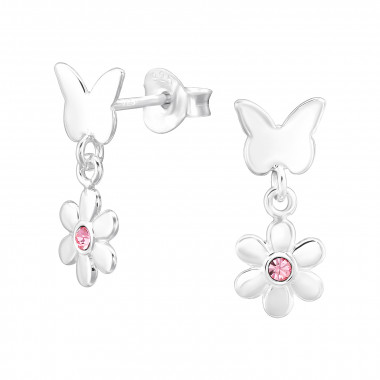 ฺButterfly And Flower - 925 Sterling Silver Stud Earrings with Crystals SD46895