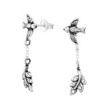 Bird And Leaf - 925 Sterling Silver Stud Earrings with Crystals SD47063