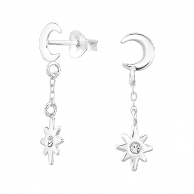 Crescent Moon And Star - 925 Sterling Silver Stud Earrings with Crystals SD47064
