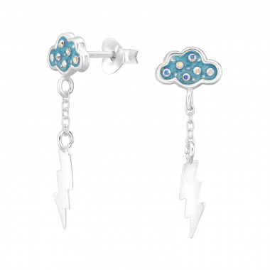 Cloud And Lightning Rod - 925 Sterling Silver Stud Earrings with Crystals SD47065