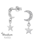 Moon And Star - 925 Sterling Silver Stud Earrings with Crystals SD47432