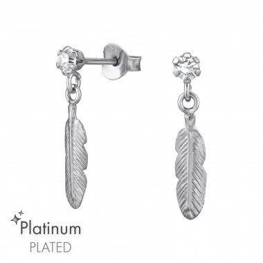Hanging Feather - 925 Sterling Silver Stud Earrings with Crystals SD47433