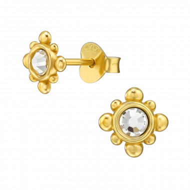 7mm Sunburst - 925 Sterling Silver Stud Earrings with Crystals SD49551