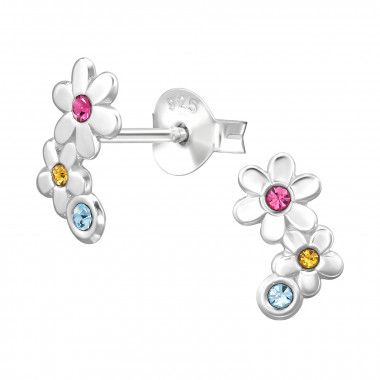 9mm Flower - 925 Sterling Silver Stud Earrings with Crystals SD49827