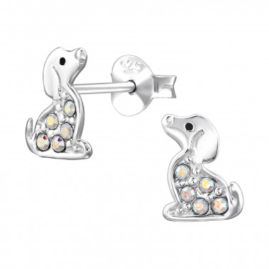 Seated Dachshund Dog - 925 Sterling Silver Stud Earrings with Crystals SD50107