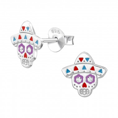 Halloween Skull With Hat - 925 Sterling Silver Stud Earrings with Crystals SD50309