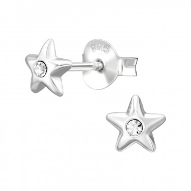 3D Star - 925 Sterling Silver Stud Earrings with Crystals SD50400