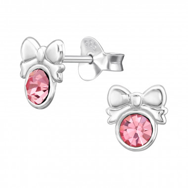 Bow With Round - 925 Sterling Silver Stud Earrings with Crystals SD50660