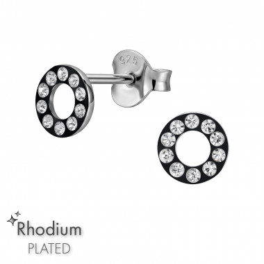 Open Circle Rhodium Plated - 925 Sterling Silver Stud Earrings with Crystals SD50993