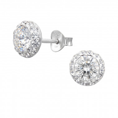 Circle 8mm Curved - 925 Sterling Silver Stud Earrings with Crystals SD50998