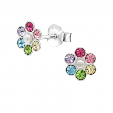 Flower - 925 Sterling Silver Stud Earrings with Crystals SD51137