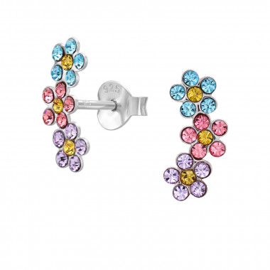 Flowers - 925 Sterling Silver Stud Earrings with Crystals SD51138