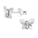 Butterfly Diamond-Cut Texture - 925 Sterling Silver Stud Earrings with Crystals SD51386