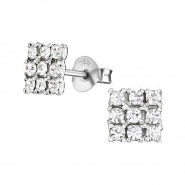 Square - 925 Sterling Silver Stud Earrings with Crystals SD5647