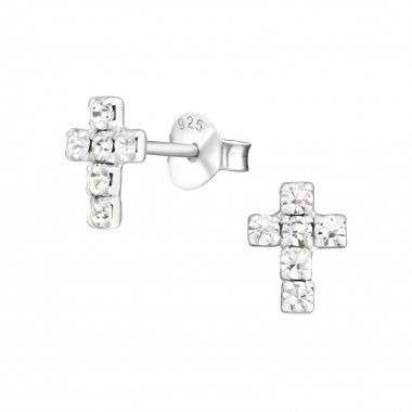 Cross - 925 Sterling Silver Stud Earrings with Crystals SD776
