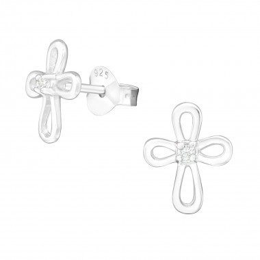 Cross - 925 Sterling Silver Stud Earrings with CZ SD12159