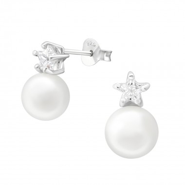Star With Hanging Pearl - 925 Sterling Silver Stud Earrings with CZ SD37259