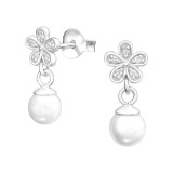Flower With Hanging Pearl - 925 Sterling Silver Stud Earrings with CZ SD37915