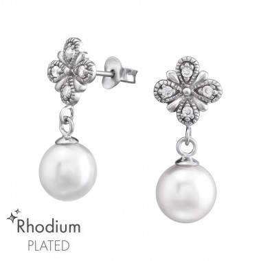 Flower Hanging Pearl - 925 Sterling Silver Stud Earrings with CZ SD38105