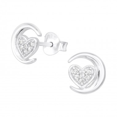 Moon & Heart - 925 Sterling Silver Stud Earrings with CZ SD38840