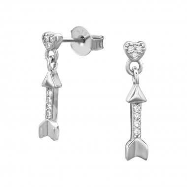 Heart With Hanging Arrow - 925 Sterling Silver Stud Earrings with CZ SD38970
