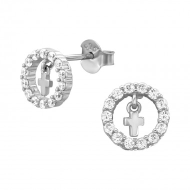 Circle With Hanging Cross - 925 Sterling Silver Stud Earrings with CZ SD38973