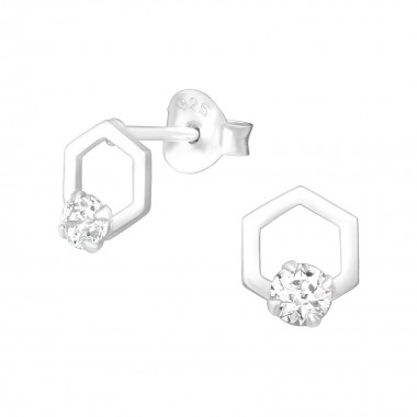 Hexagon - 925 Sterling Silver Stud Earrings with CZ SD39109