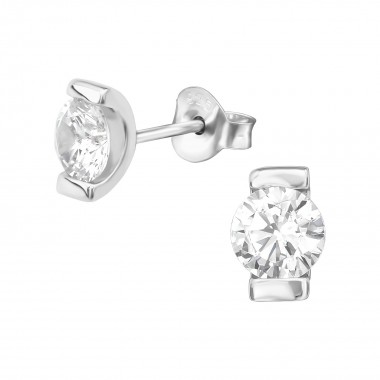 Single Stone - 925 Sterling Silver Stud Earrings with CZ SD39384