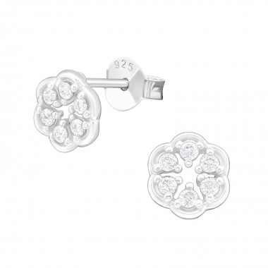 Flower - 925 Sterling Silver Stud Earrings with CZ SD40048