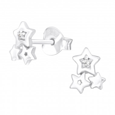 Triple Star - 925 Sterling Silver Stud Earrings with CZ SD40079